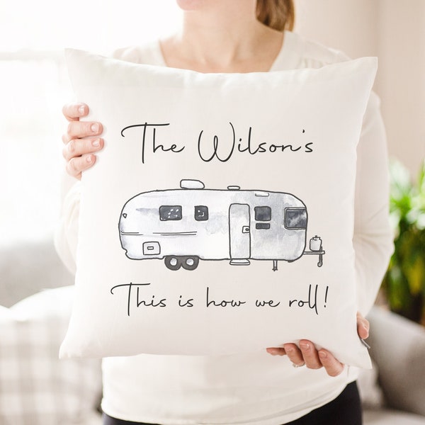 Custom Silver Airstream Camper Pillow | This is How We Roll Vintage Airstream Camping Personalized Pillow | Family RV Decor CamperVan Decor