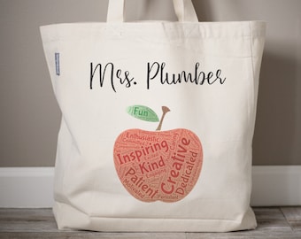 Teacher Name Apple Tote Gift Bag Teacher Gift, Personalized Teacher Appreciation Gift Tote Bag Gift, Monogrammed Tote Canvas, Teacher Apple