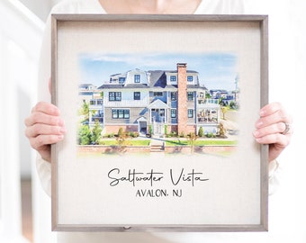 Retrato de casa de playa en acuarela personalizado / Letrero de madera personalizado