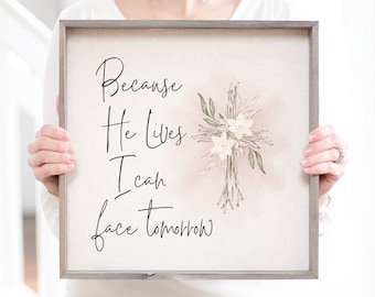 Letrero de himno "Porque Él Vive" / Arte de pared cristiano de lino