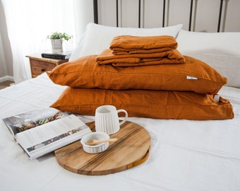 Rust Linen Bedding Set | Soft Washed Linen Sheets, Farmhouse Decor