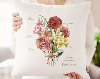 Gift for Mom or Grandma Personalized Garden Pillow Birth Month Flower Art Birth Flower Bouquet Personalized Gift Custom Mother's Day Gift