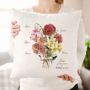 Personalized Birth Month Flower Bouquet Pillow - Custom Linen Gift