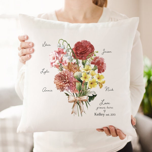 Gift for Mom or Grandma Personalized Garden Pillow Birth Month Flower Art Birth Flower Bouquet Personalized Gift Custom Mother's Day Gift