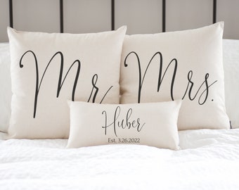 Mr and Mrs Pillow Sets | 3 Wedding Pillows Set Custom Monogrammed Pillow Sets | Pillows with Mr and Mrs Last Name & Established Date