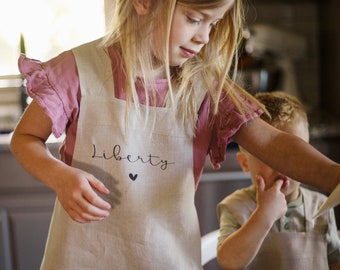 Crossback Linen Apron for Kids, Personalized Name Baking Apron Gift, No Ties Pinafore Full Cooking Apron for Children, Mommy and Me Aprons