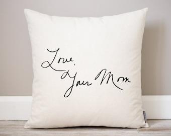 Moms Handwriting Unique Gift  | Custom Handwriting Family Keepsake Linen Printed Pillows  |  Mothers Day Childs Handwriting Memorial Gift