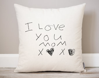 Cuscino in lino con scritta a mano / Regalo artistico personalizzato per bambini per la mamma