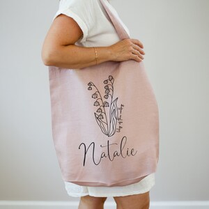 Personalized Birth Month Flower Linen Shopping Tote Bag | Personalized Bridesmaid Proposal Gift Idea | Eco Friendly Reusable Market Tote Bag