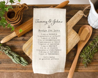 Recipe For Love Personalized Linen Tea Towel | Wedding Gift Idea | Personalized Bridal Shower Gift | Housewarming Gift Idea