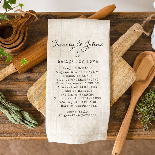 Recipe For Love Personalized Linen Tea Towel | Wedding Gift Idea | Personalized Bridal Shower Gift | Housewarming Gift Idea