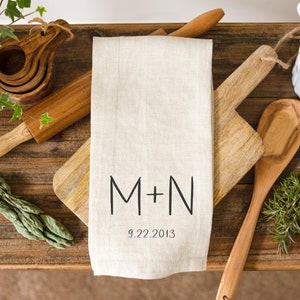 Couple&#39;s Initials Wedding Date Kitchen Tea Towel | Monogrammed Bridal Shower Gift | Housewarming Gift Idea | Personalized Kitchen Tea Towel