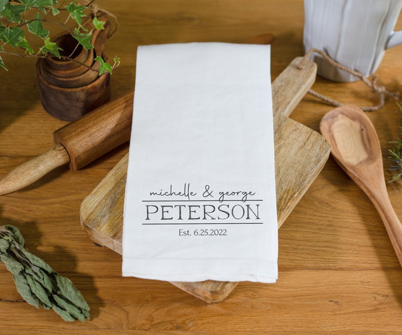 Personalized Family Name and Established Date Linen Tea Towel | Custom Gift For Couple | Housewarming Gift Idea | Custom Wedding Gift Idea