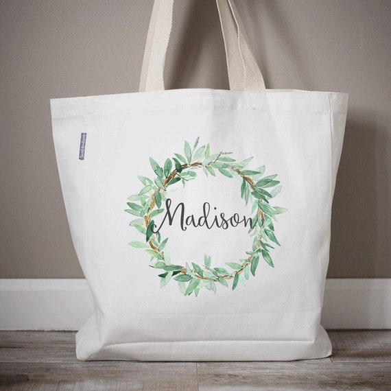 Olive Branch Wreath Tote Bag Monogram Wreath Bag Bridesmaid Tote Bag Bridal Party Gifts Bridesmaid Gifts Canvas Tote Bag Etsy
