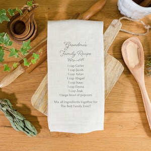 Family Recipe Linen Tea Towel Gift for Mom l Custom Gift From Grandkids | Grandparent's Gift | Personalized Gift For Mom | Grandkid Names