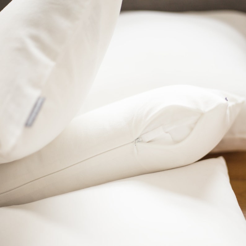 May include: A close-up of a white pillow with a zipper. The pillow is made of soft, smooth fabric.