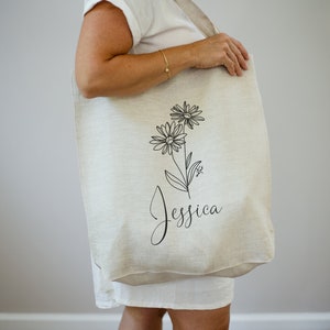 Personalized Birth Month Flower Linen Shopping Tote Bag | Personalized Bridesmaid Proposal Gift Idea | Eco Friendly Reusable Market Tote Bag
