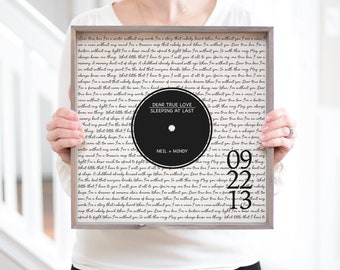 Letras de canciones de discos de vinilo / Letras de canciones de boda personalizadas / Regalo de aniversario de madera de lino / Regalo de San Valentín para esposos y esposas amantes de la música