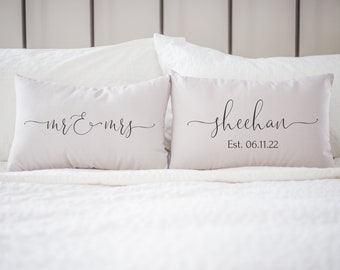 Mr and Mrs Pillow Set | Wedding Pillow Set | Custom Monogrammed Pillow | Pillows with Mr and Mrs Last Name & Established Date | Couples Gift