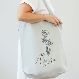 Birth Month Flower Personalized Linen Shopping Tote Bag | Eco Friendly Linen Market Tote Bag | Personalized Monogramed Linen Tote Bag |