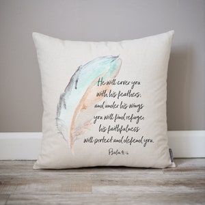 Psalm 91:4 Watercolor Feather Decor Pillow Spring Decor Watercolor Encouragement Gift Pillow Watercolor Feather Scripture Gift Decor image 1
