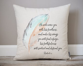Psalm 91:4 Watercolor Feather Decor Pillow | Spring Decor Watercolor Encouragement Gift Pillow| Watercolor Feather Scripture Gift Decor