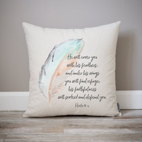 Psalm 91:4 Watercolor Feather Decor Pillow | Spring Decor Watercolor Encouragement Gift Pillow| Watercolor Feather Scripture Gift Decor