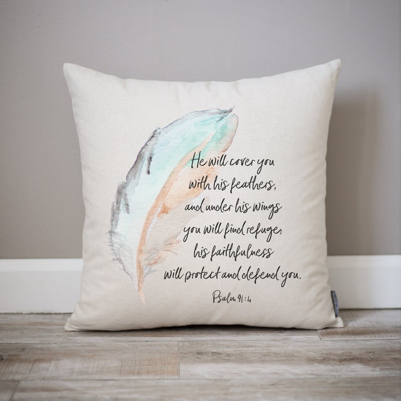 Psalm 91:4 Watercolor Feather Decor Pillow Spring Decor Watercolor Encouragement Gift Pillow Watercolor Feather Scripture Gift Decor image 1