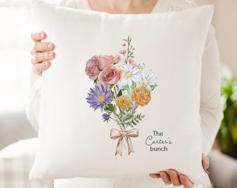 Grandma's Birth Flower Bouquet Pillow: Personalized Grandkids Names Gift