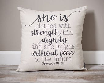 Proverbs 31:25 Pillow | Mother's Day Gift | Gift for Mom | Rustic Decor | Scripture Pillow | Personalized Pillow | Mother's Day Gift Idea