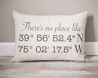 There's No Place Like Home | New Home Housewarming Gift | New Couple Gift | Latitude Longitude Pillow | GPS Coordinates | Lat Long Pillow