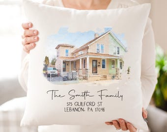 Almofada personalizada com retrato de casa em aquarela: presente para o primeiro lar