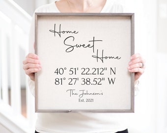 Home Sweet Home Latitude and Longitude Framed Linen Print | Personalized Wedding Gift | GPS Coordinates | Housewarming Gift for Couple