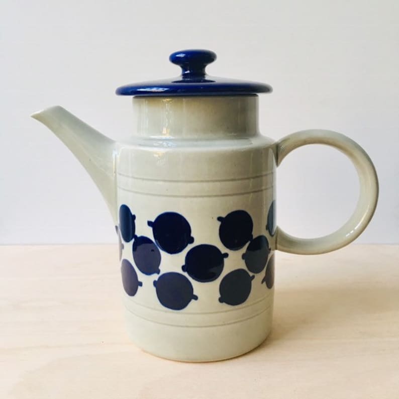 Beautiful Vintage Ceramic Casserole With Lid by Melitta Germany Form Helsinki Blue Dots and Grey 1970\u2018s