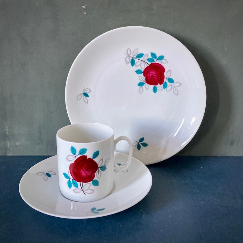 Set of Porcelain Cup Saucer And Plate 1960s Blossom Rose Thomas Germany Form Medaillon by Hans Theo Baumann