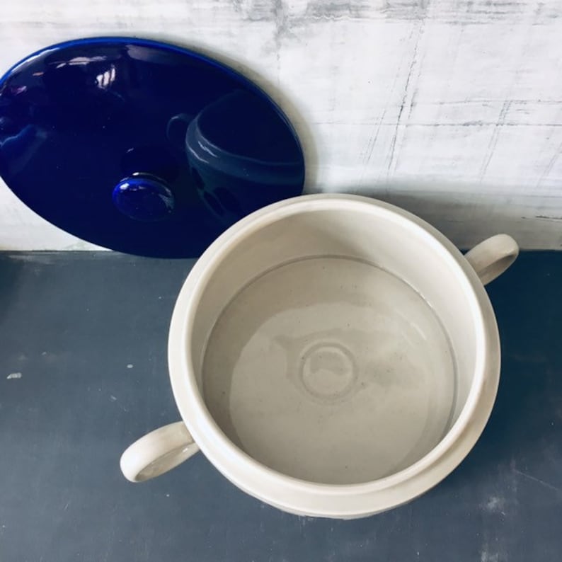Beautiful Vintage Ceramic Casserole With Lid by Melitta Germany Form Helsinki Blue Dots and Grey 1970\u2018s