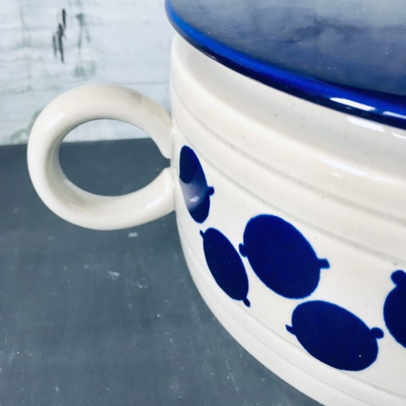 Beautiful Vintage Ceramic Casserole With Lid by Melitta Germany Form Helsinki Blue Dots and Grey 1970\u2018s