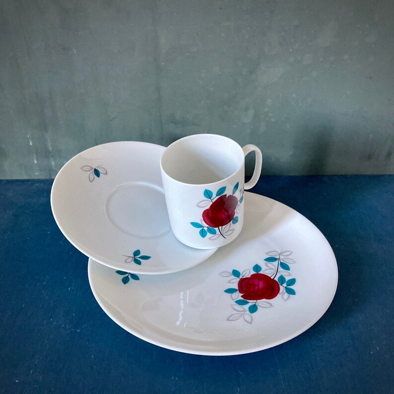 Set of Porcelain Cup Saucer And Plate 1960s Blossom Rose Thomas Germany Form Medaillon by Hans Theo Baumann