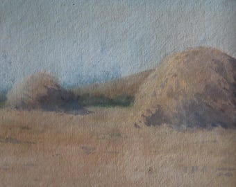 Original Hay Field Landscape Watercolor Painting