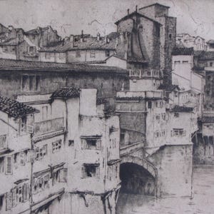 Ernest David Roth Etching/ Antique Intaglio Prints/ Ponte Vecchio Etching/ Florence Etchings/ Architecture Prints