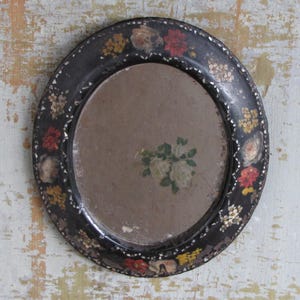 19th C Cast Iron Mirror/ Antique Vanity Mirror/ Shaving Mirrors/ Abalone Shell Mirror/ Hand Painted Mirror