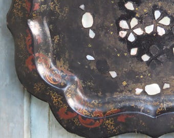 19th C Mother of Pearl Scalloped Paper Mache Tray/ Antique Hand Painted Japanned Decorative Trays
