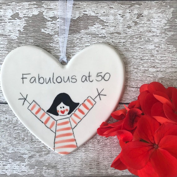 50 Hand Painted Ceramic Heart - 50 - Fabulous at 50 Birthday Gift for daughter, granddaughter, niece, friend, goddaughter, mum, sister, her