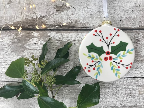 Hand Painted Ceramic Flat Bauble - Holly and Berries Design - christmas, bauble, gift, christmas decoration, christmas ornament