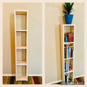 4FT Narrow Assembled Bookshelf, Cottage Farmhouse Modern Furniture, Natural Unfinished Pine Wood Bookcase, Small Slim Wooden Storage Decor