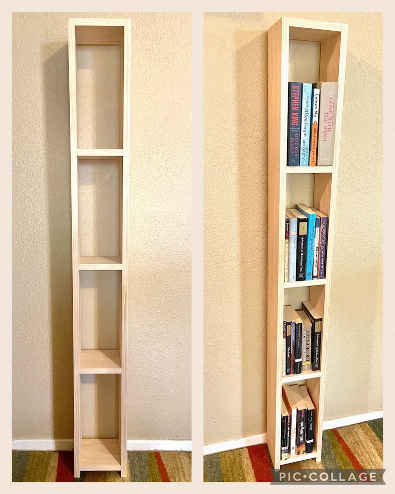 May include: A light wood bookshelf with four shelves. The bookshelf is empty on the left side of the image and filled with books on the right side of the image. The books are a mix of different sizes and colors.