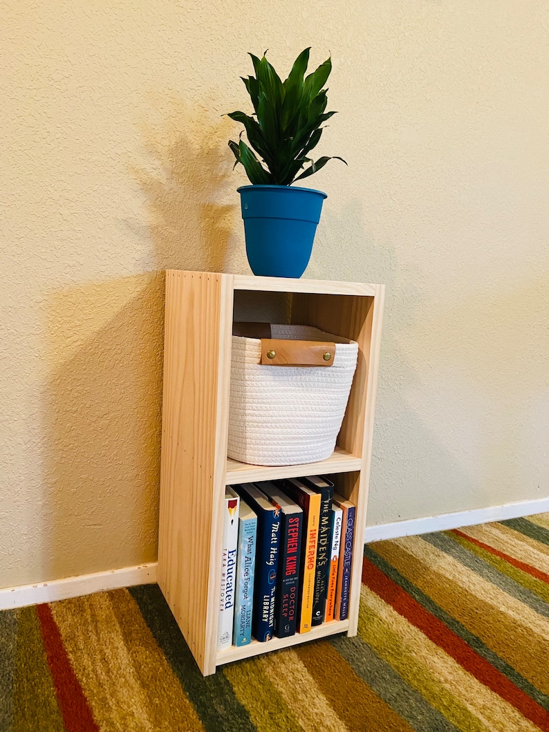 Op de afbeelding: Een houten boekenkast met twee planken. De bovenste plank heeft een witte geweven mand met een bruin leren handvat. De onderste plank heeft een verzameling boeken met titels als "Educated", "What Alice Forgot", "The Maidens" en "Inferno". Een groene plant in een blauwe pot staat bovenop de boekenkast.