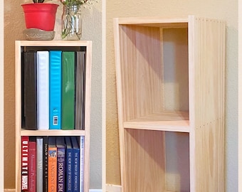 Narrow Deep Assembled 2-Tier Bookshelf, Unfinished Wooden Bookcase, Cottage Farmhouse Modern Natural Pine Wood Bookshelf, Furniture Storage