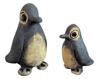 Mid Century German Studio Pottery Penguin Figurines, Worpsweder Keramik Textured Clay Birds, 1960s W Germany Ceramic Animal Sculpture Pair