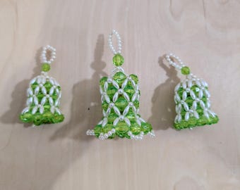 Sparkling Vintage Beaded Bells Set of 3 Ornaments - Green and White- Vintage Christmas